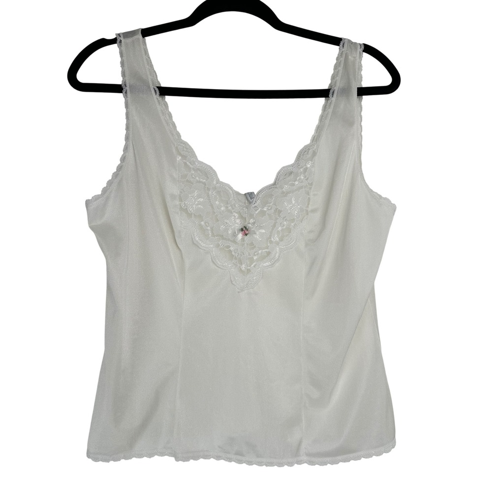 Vintage White Lace Trim Slip Camisole Top Nylon Floral Rosette Large 90s USA